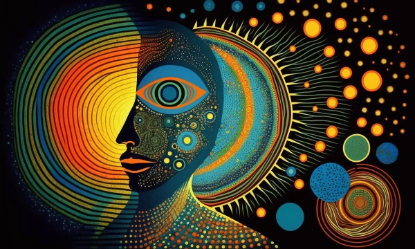 A vibrant, abstract portrait of a human face with psychedelic patterns, featuring bold colors, spirals, and celestial shapes that suggest a cosmic theme.
