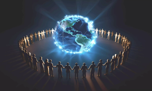 A group of silhouetted figures stands in a circle, holding hands around a glowing, digital Earth, symbolizing unity and global connection.