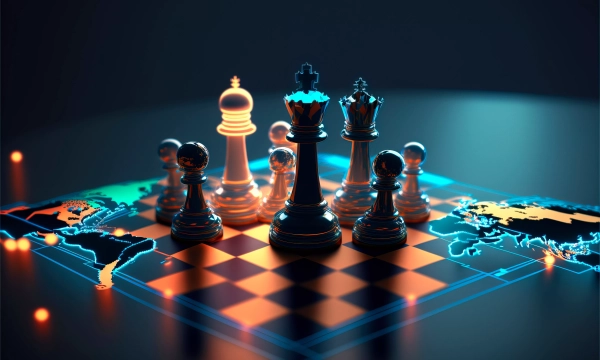 A futuristic chessboard with glowing pieces, featuring a mix of metallic and transparent elements, set against a backdrop of illuminated world maps.