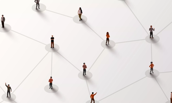 A digital illustration of diverse figures connected by lines, symbolizing networking and communication within a social or professional context.