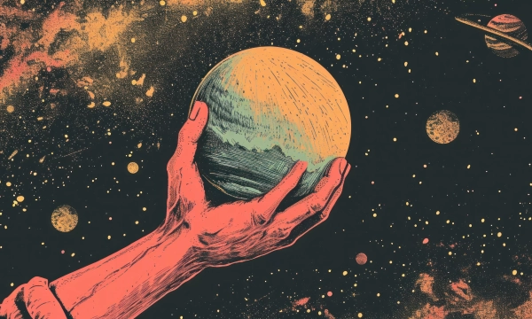 A hand reaches out to hold a stylized planet amidst a backdrop of stars and celestial bodies, conveying themes of exploration and wonder in space.