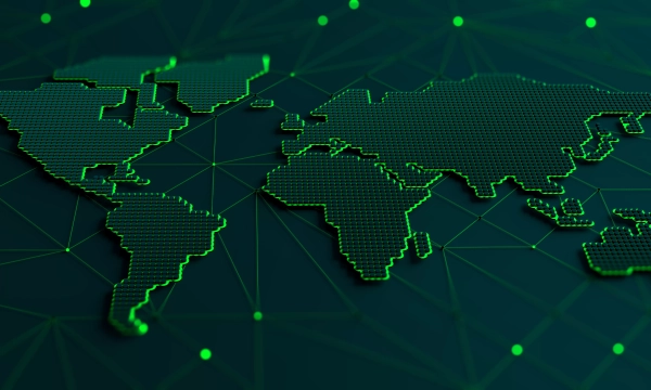 A digital illustration of a world map in green, featuring a grid pattern and connecting lines, set against a dark background with glowing dots.