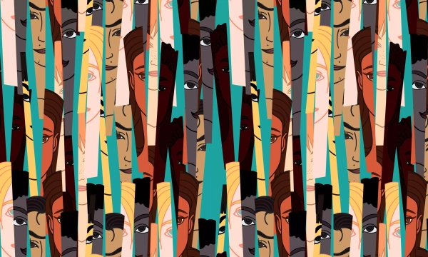 A vibrant collage of diverse illustrated faces, featuring varying skin tones, hairstyles, and expressions, interspersed with vertical stripes in shades of teal and beige.