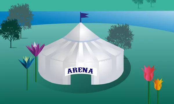 A large white tent labeled "ARENA," surrounded by stylized flowers and trees near a river, set against a green background.