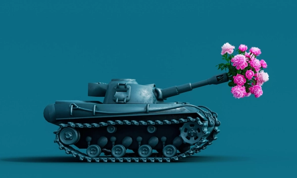 A tank adorned with a bouquet of pink roses positioned on a solid teal background, symbolizing peace amidst conflict.