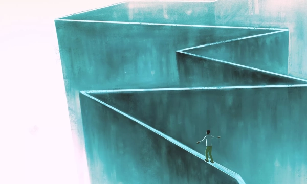 A person walks along a narrow, winding path atop a tall, abstract structure, surrounded by high walls, evoking themes of introspection and navigation through challenges.