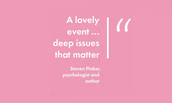 Quote by Steven Pinker, psychologist and author, on a pink background addressing deep issues that matter.