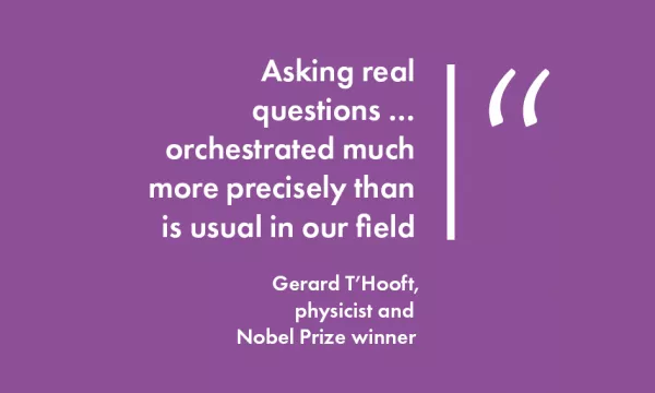 Quote on a purple background by Gerard T'Hooft, highlighting the importance of asking precise questions in physics.