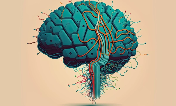 An abstract representation of a brain with interconnected wires and roots, symbolizing neural connections and technological integration.