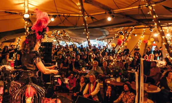 A lively performance scene indoors, featuring a performer in a feathered costume captivating a diverse audience lit by string lights.