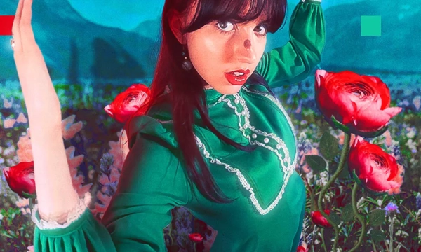 A stylized portrait of a woman in a green dress, striking a pose amidst colorful flowers and a vibrant, surreal landscape.