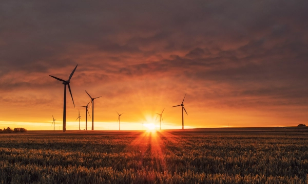 A scenic sunset over a field featuring several wind turbines silhouetted against the colorful sky, with golden sunlight streaming through the landscape.