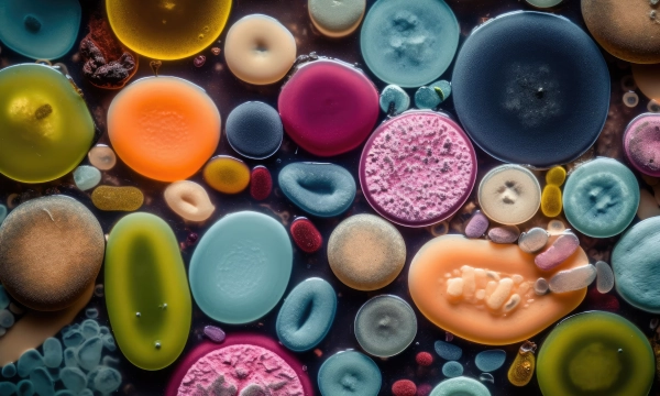 Colorful microscopic view of various microorganisms, displaying vibrant shapes and textures, including bacteria, algae, and protozoa, against a dark background.
