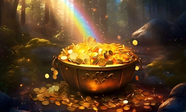 A golden pot overflowing with coins sits in a forest setting, illuminated by sunlight with a rainbow arching overhead.
