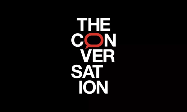 The image features the words "THE CONVERSATION" in bold white letters on a black background, with the letters "VER" highlighted in red, and a speech bubble icon embedded in the design.