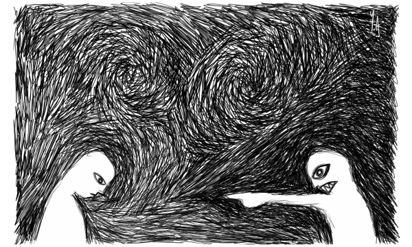 Two abstract figures face each other against a chaotic swirl of black and white lines, evoking tension and confrontation.