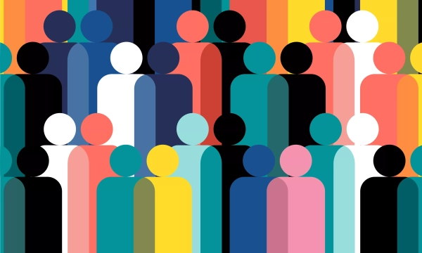 A vibrant abstract illustration of diverse human figures in various colors and shapes, representing inclusivity and community.