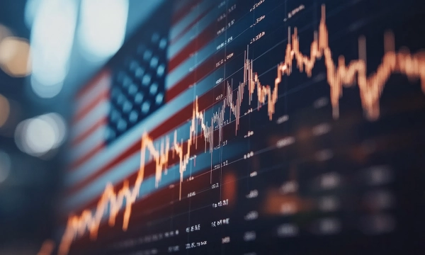 A digital financial chart overlaid with the American flag, illustrating stock market trends and fluctuations.
