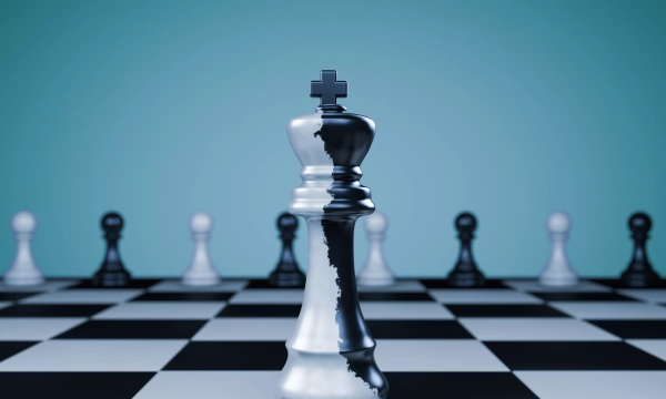 A stylized chess king piece stands at the center of a black and white chessboard, surrounded by pawns in a gradient background.