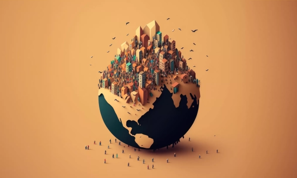 A stylized globe featuring a vibrant, densely populated cityscape on top, surrounded by small figures representing people, set against a warm orange background.