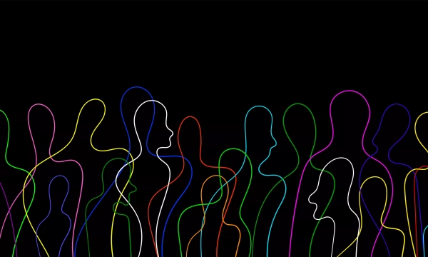 Colorful abstract line art depicting diverse human figures and faces against a black background, representing community and connection.