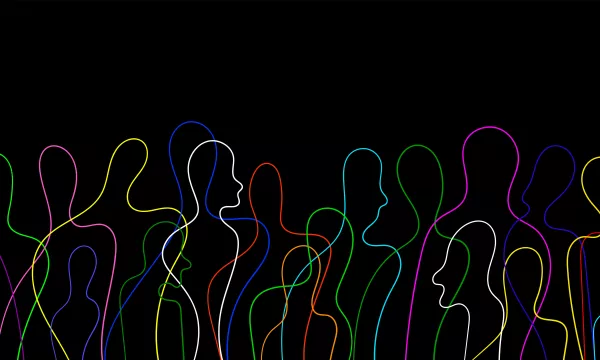 Colorful line art depicting abstract human figures in various poses against a black background, representing diversity and connection among individuals.