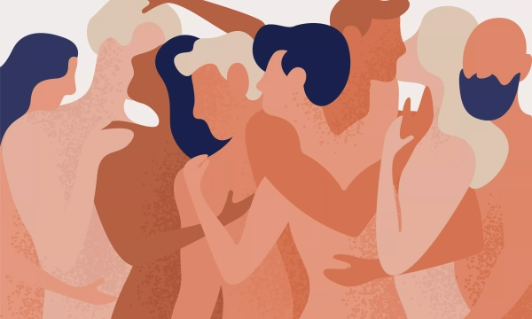 A colorful illustration of diverse, abstract human figures in various poses, embracing and interacting closely, with soft shapes and muted skin tones.
