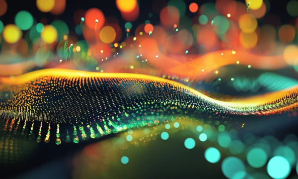 Abstract digital waves with vibrant colors and shimmering lights, creating a mesmerizing, dynamic visual effect against a dark background.