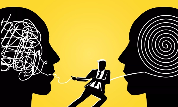 A silhouette of a man in a suit connects two faces with tangled lines, representing dialogue or communication between contrasting thoughts. The background is bright yellow.