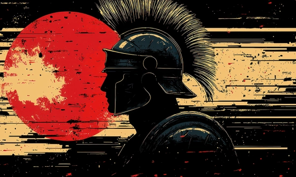 Silhouette of a Roman soldier with a crest helmet against a large red sun and textured background.