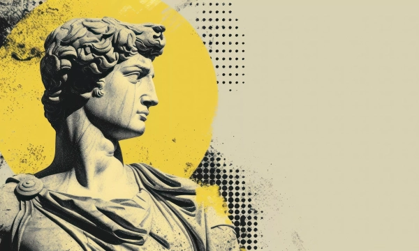 A stylized depiction of Michelangelo's statue of David, featuring a yellow background and graphic elements, emphasizing the figure's profile and classical features.