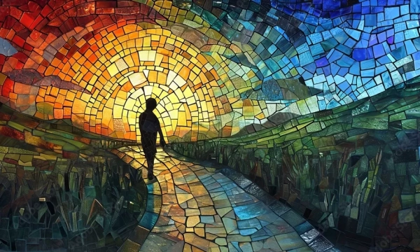 A colorful mosaic depicting a silhouetted figure walking along a winding path, surrounded by a vibrant sunset and scenic landscape.