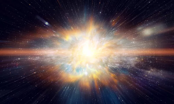 A vibrant depiction of a cosmic explosion, resembling the Big Bang, with vivid colors and rays emanating from a bright center, surrounded by stars and galaxies.