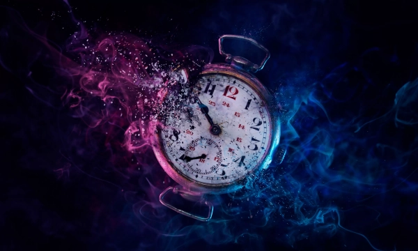 A fragmented clock surrounded by colorful smoke, symbolizing the passage of time and its ephemeral nature.