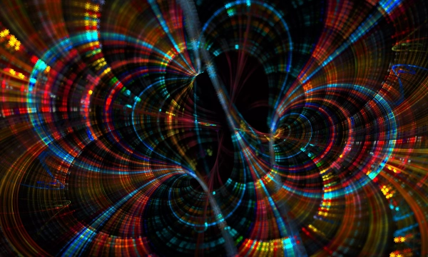 A vibrant, abstract design featuring swirling patterns of colorful lights and lines against a dark background, resembling a digital energy flow.