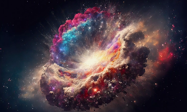 A colorful explosion of cosmic elements resembling a nebula, with swirling clouds of gas and vibrant starlight amidst a dark, starry background.