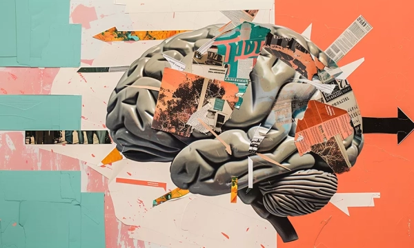 A mixed-media artwork featuring a large, stylized brain collaged with colorful newspaper clippings and abstract shapes on a vibrant background.