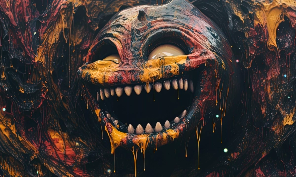 A grotesque, surreal face with exaggerated features, including a wide, toothy grin and dripping paint-like textures, set against a vibrant, chaotic background.