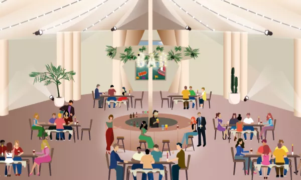 A vibrant social gathering inside a spacious, well-lit venue with various groups of people engaging at tables, some enjoying drinks and conversation.
