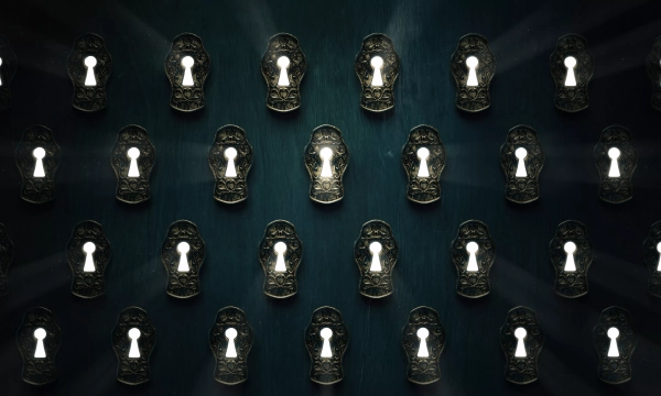 A visually striking pattern of ornate keyholes set against a dark wooden background, with light shining through each keyhole, creating an intriguing, mysterious atmosphere.