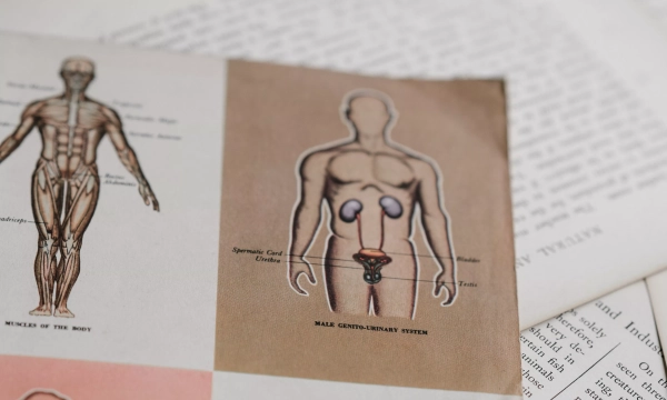 An anatomical illustration of the human body, showcasing muscle structure and organ systems, surrounded by pages of text from a medical or biological book.