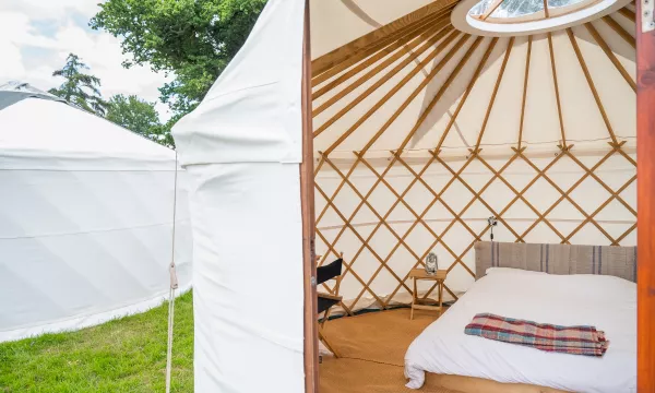 Interior of a cozy yurt showing a bed with a plaid blanket, wooden furniture, and a skylight, set in a grassy outdoor environment.