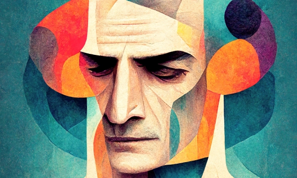 Abstract portrait of a somber man, featuring bold colors and geometric patterns, conveying emotions of introspection and depth.