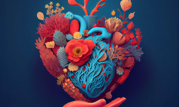 A vibrant, surreal illustration of a heart made up of colorful flowers and plants, held gently by a stylized hand against a blue background.