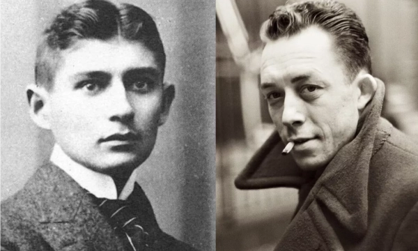 Portraits of Franz Kafka, a notable writer known for his existential themes, and Albert Camus, a prominent philosopher and author associated with absurdism.