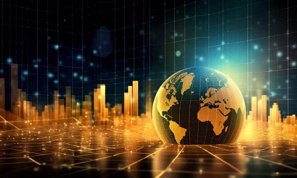 A digitally rendered globe surrounded by glowing grid lines and bar graphs, representing global data and analytics in a futuristic setting.