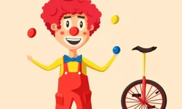 A cheerful cartoon clown with red curly hair, wearing a yellow shirt and red overalls, juggles colored balls next to a unicycle.