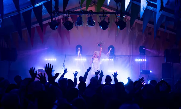 A lively music performance in a festival setting, with a singer on stage and an engaged crowd with raised hands, surrounded by colorful decorations and lighting.