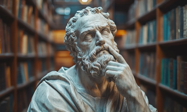 A close-up of a marble statue of a philosopher, stylized with a pensive expression and finger on lips, set in a library filled with books.