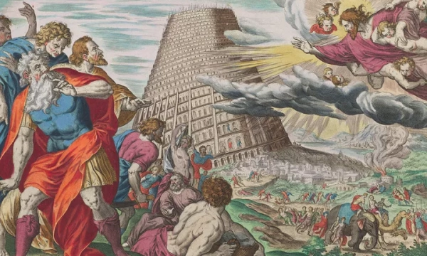 A colorful artwork depicting the Tower of Babel, showcasing biblical figures with divine beings and a huge, unfinished tower. Chaos and confusion among the people are emphasized.